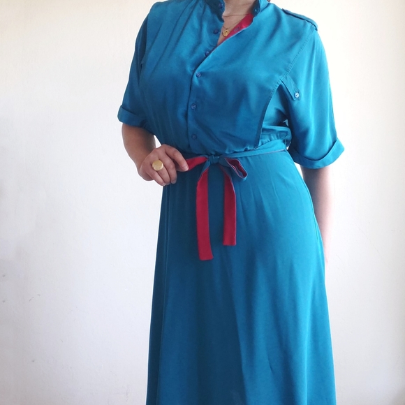 Vintage 80's Blouson Midi Dress 7/8 Turquoise - Picture 7 of 12